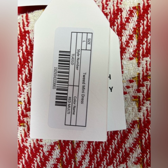 NWT English Factory Tuckernuck Red & White Tweed Puff Sleeve Tiered Dress L - Picture 6 of 13